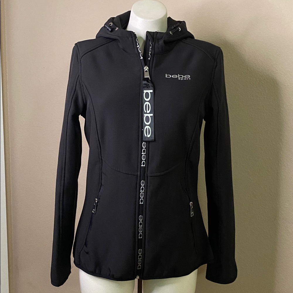 BEBE SPORT Black Zip-Front Hooded neoprene type athletic Jacket 🖤 S